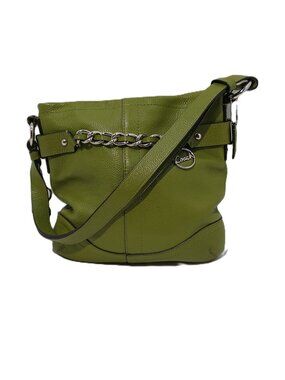 Coach Green Apple Pebbled Leather Crossbody Shoulder Bag Chain Detail Silver